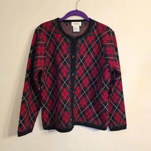 Vintage Talbots Petites Tartan Plaid Knit Wool Cardigan Embroidered Holly Size S